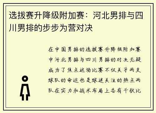 选拔赛升降级附加赛：河北男排与四川男排的步步为营对决